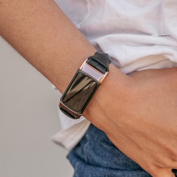 Fitbit Charge 5 Black Leather Band Slim Strap Rose Gold Women Jewelry Wristband - Picture 8 of 9